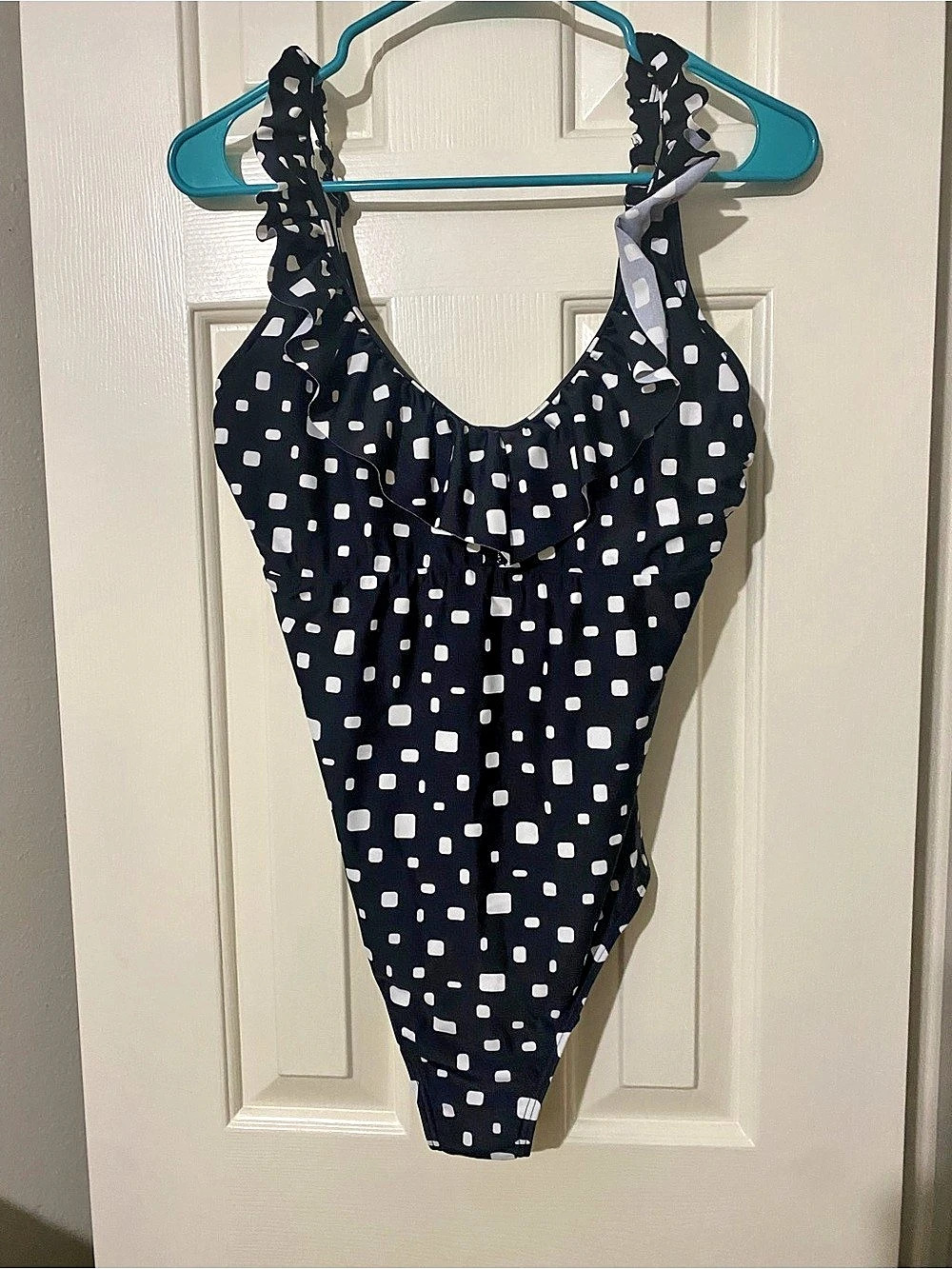 pour Moi Polka Dot Ruffle One Piece Black & White 32G/32H Like New